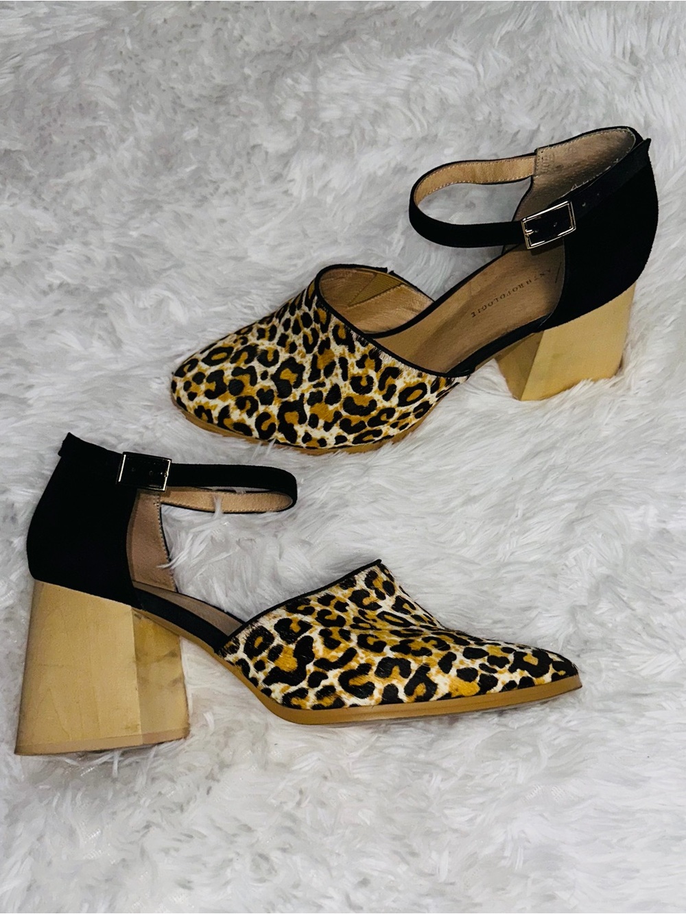 Anthropologie Leopard Print Block Heel Ankle Strap Pumps - Black, Yellow, Brown